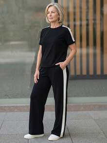 EMERY ROSE Middle-Aged & Elderly Women's Casual Colorblock T-Shirt And Pants Set, Summer - Black - View 5