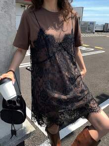 DAZY 女款蕾絲拼接無袖 2 合 1 短袖夏日陽光洋裝 - 咖啡 - 查看 6
