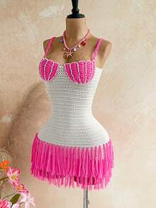 Soleia Vestido mini ajustado con tirantes de espagueti, bajo con flecos y con forma de concha, bohemio, apropiado para vacaciones y citas de San Valentín en primavera/verano - Multicolor - Ver 9