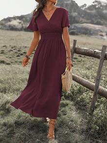 EMERY ROSE Solid Color V-Neck Slit Dress Maxi Vacation Beach Outfits Women - Maroon - View 3