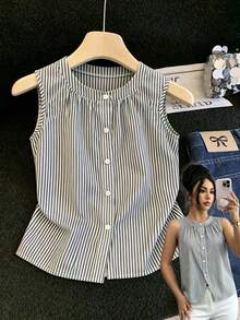 Elenzga Áo kiểu không tay cổ tròn, kiểu dáng thường ngày, đa năng, hàng mới về dành cho nữ. - Xanh và trắng - Xem 4