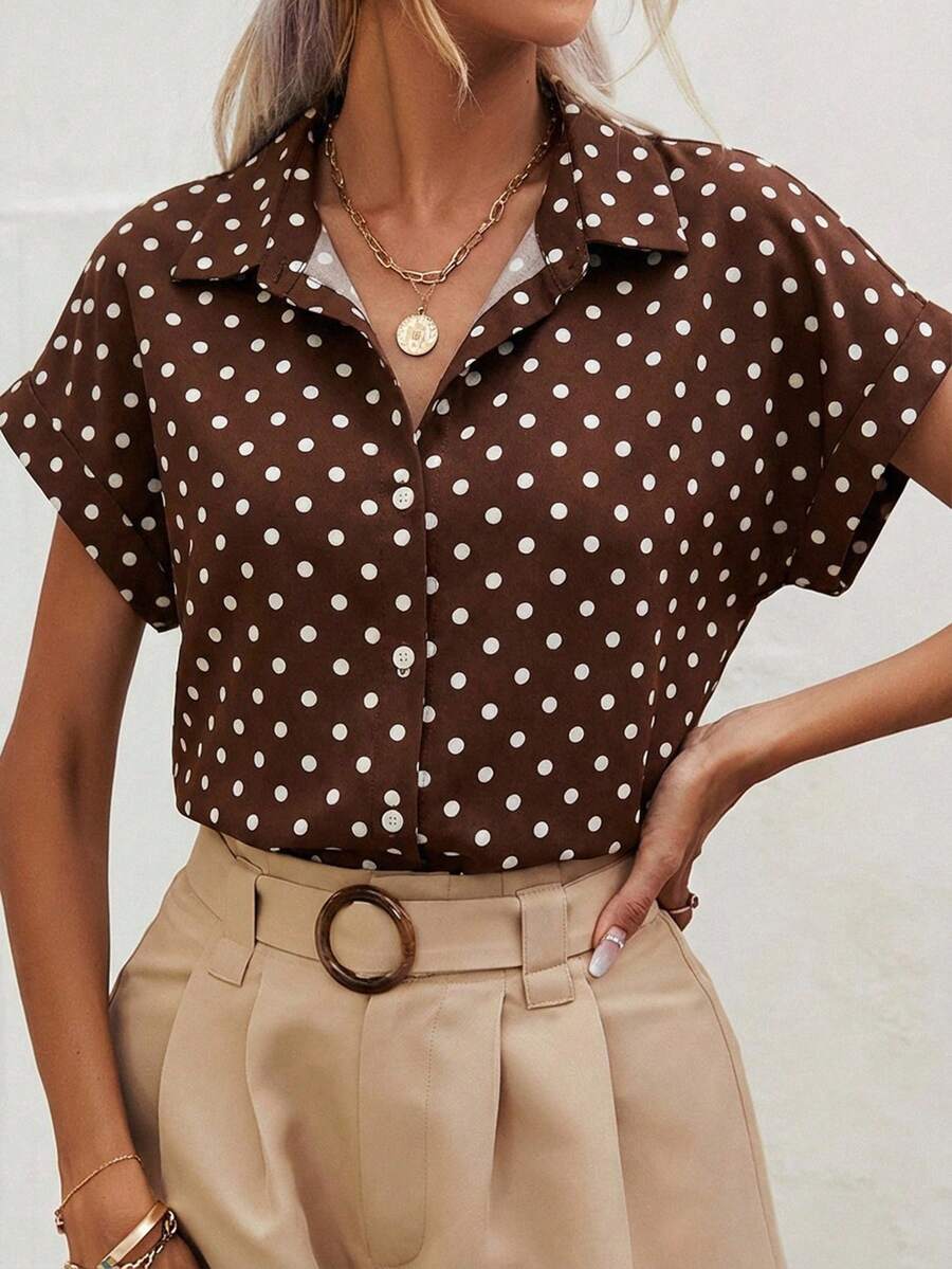 SHEIN Frenchy Áo kiểu dáng giản dị, tối giản, họa tiết chấm bi trắng cổ điển, phù hợp cho mùa xuân/hè, dễ phối đồ. - Nhiều màu - Xem 1