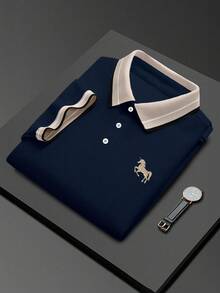 Calvornis Áo polo nam tay ngắn cổ jacquard thêu, phong cách casual trang trọng, dùng cho lễ nghi - Màu xanh hải quân - Xem 2