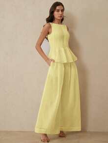 BELROSIE Ensemble 2 pièces décontracté et polyvalent, composé d'un Top à col rond, ourlet parapluie et rayures texturées sans manches, associé à un pantalon ample à jambes larges et plissées - Jaune d'oie - Voir 5