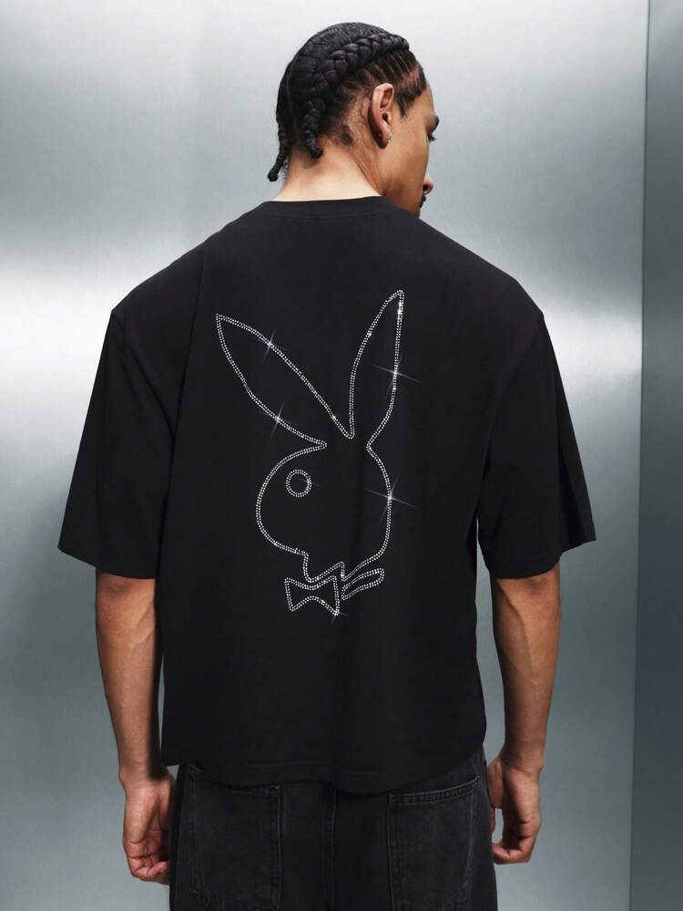 PLAYBOY X SUMWON Rhinestone Embellished Graphic T-Shirt Short Sleeve Crew Neck Cotton Blend Casual Tee With Bunny Logo Design Statement Top