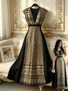 SHEIN Franclia Đầm thanh lịch cho nữ, đầm nghỉ dưỡng cho nữ, trang phục mùa hè cho nữ, đầm dự tiệc, đầm nữ, đầm vải ánh kim, đầm dài cho nữ, đầm đen, đầm ghép mảnh cho nữ - vàng đen - Xem 1