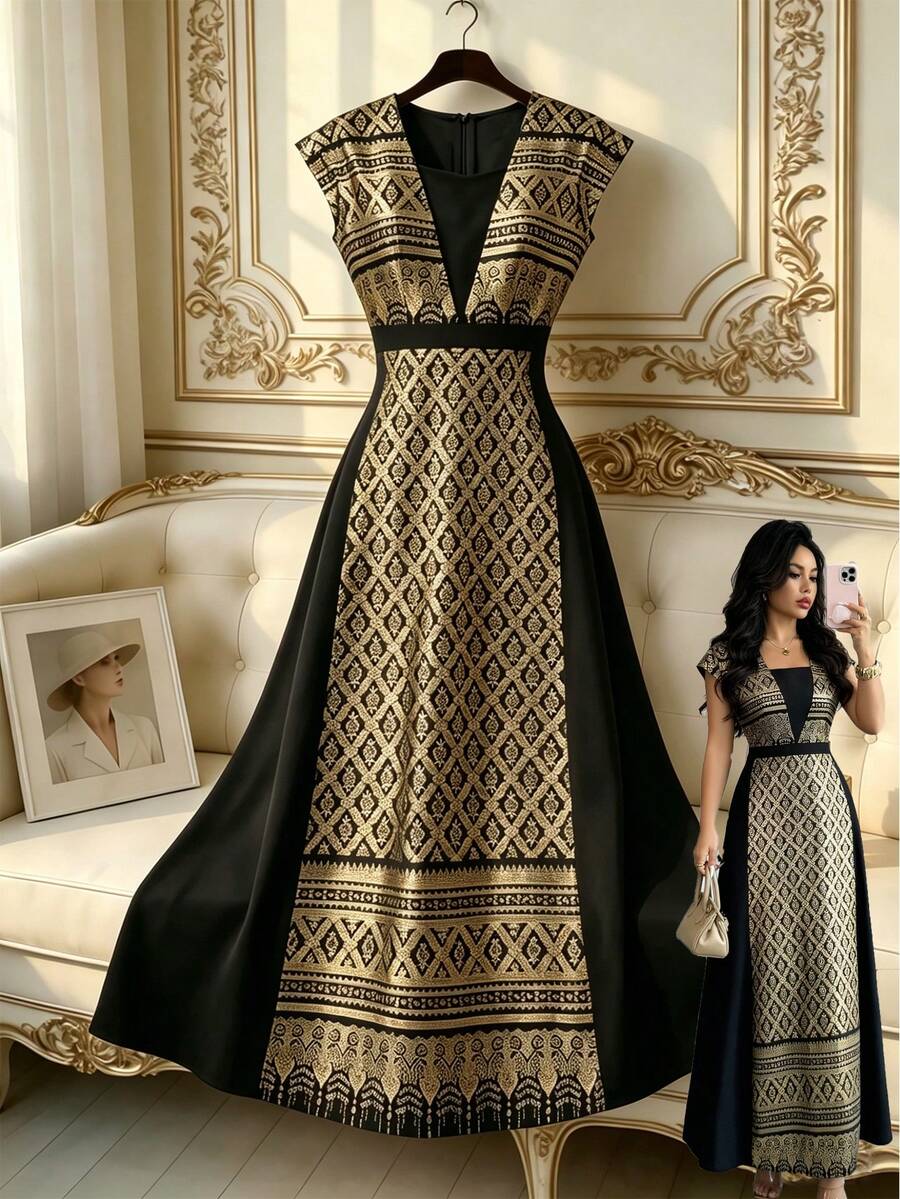 SHEIN Franclia Đầm thanh lịch cho nữ, đầm nghỉ dưỡng cho nữ, trang phục mùa hè cho nữ, đầm dự tiệc, đầm nữ, đầm vải ánh kim, đầm dài cho nữ, đầm đen, đầm ghép mảnh cho nữ - vàng đen - Xem 1