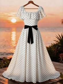 Qadelle Đầm midi cổ vuông tay bồng, kiểu Pháp thanh lịch, thích hợp cho mùa hè, đa năng cho công sở, kỳ nghỉ và các dịp trang trọng. - Đen và trắng - Xem 1