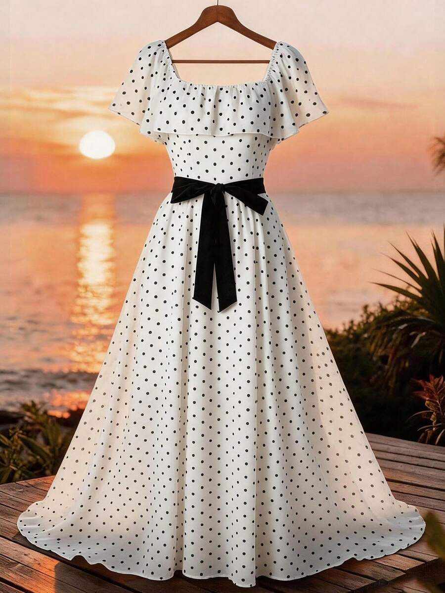 Qadelle Square Neck Ruffle Sleeve Midi Dress, Elegant French Style, Suitable For Summer, Versatile For Commuting, Vacation, And Formal Occasions - Black and White - View 1
