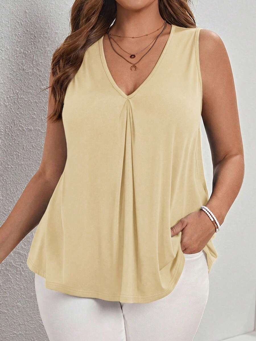 SHEIN LUNE Plus Size Women V-Neck Casual Versatile Tank Top - Beige - View 1