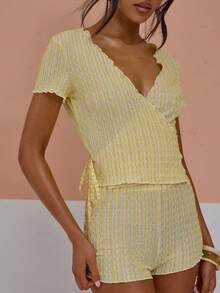 MUSERA Plunge Wrap Tie Front Textured Lettuce Hem Short Sleeve Top Low Rise Mini Shorts Sold As Set Cute Summer Holiday Girly Cool Girl Beach Casual - Yellow - View 2