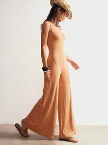 Bohemela Solid Color Knit Backless Sleeveless Wide Leg Jumpsuit For Women Vacation Orange Summer Casual - Coral Orange - View 6