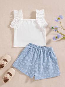 Souflis Souflis Young Girl' Summer Camisole Set With 3D Lavender Flower & Floral Shorts, Versatile Outfit For Outdoor Photo Shoot - Blue - View 3