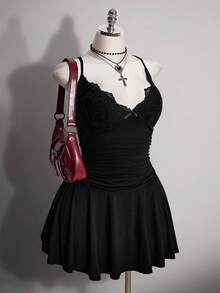 SHEIN ICON 大码女式黑色蕾丝拼接连衣裙 - 黑色 - 查看 4
