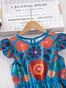 SHEIN 少女夏季度假碎花荷叶边连衣裙 - 藍色 - 查看 4