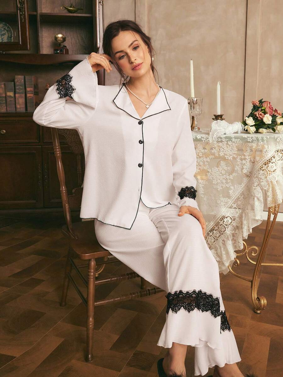 Côtesoire Southern France Elegant Ruffled Cardigan Women Pajama Set - White - View 1