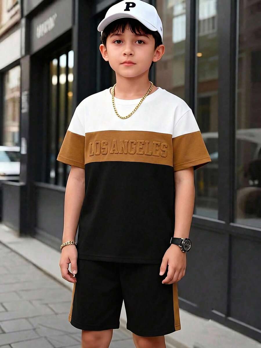 Vacaura Boys' Summer Casual 2-Piece Set,Black And White Short Sleeve Los Angeles T-Shirt&Matching Shorts,City Break Street Style Outfit For School,Sports - Multicolor - View 1