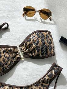 Swim Chiccia Bộ bikini 2 mảnh dành cho nữ, họa tiết da báo, chất liệu vải đính sequin, dây mảnh, kiểu dáng thanh lịch, thích hợp đi biển, nghỉ mát, mùa xuân/hè. - Nhiều màu - Xem 6