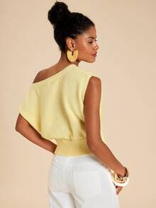 Travachic Damen Sommer Lässig Urlaubsstil einfarbiges Shirt mit bestickter Mesh-Applikation und asymmetrischem Saum, weites Cropped Strickoberteil - Gelb - Übersicht 2