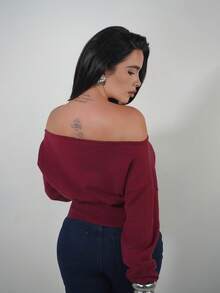 Dania Mndz Shop 女士秋冬不对称肩部罗纹紧身棕色毛衣 - 酒紅色 - 查看 3