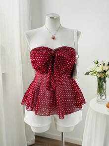 Flirla 大码女式系带蝴蝶结波点印花吊带背心，通勤和约会皆宜 - 紅色 - 查看 1