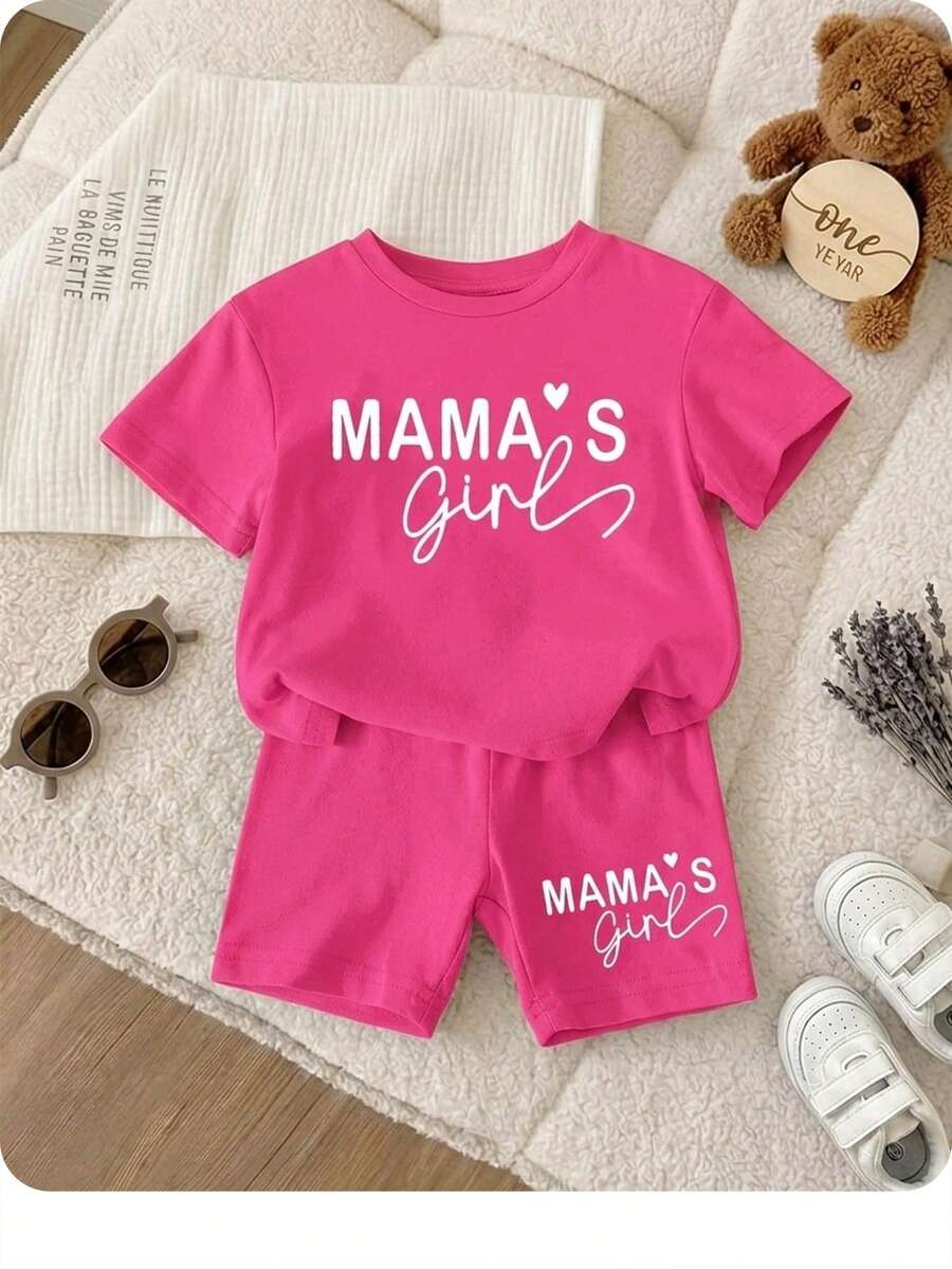 SHEIN Set Baju Pendek Lengan Pendek Minimalis Kasual untuk Bayi Perempuan, Cocok untuk Musim Panas - Hot Pink - View 1