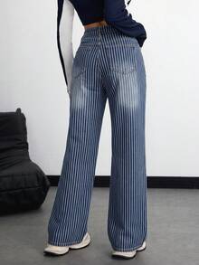 SHEIN ICON 女士高腰条纹口袋宽松休闲牛仔裤 - 深色水洗藍 - 查看 2