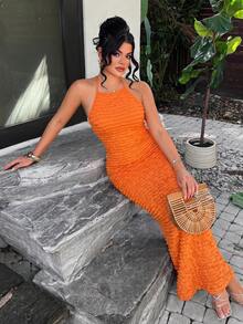 SHEIN SXY Women's Orange Summer 70's Holiday Night Out Club Party Disco Holiday Solid Color Frill Trim Halter Backless Beach Birthday Dress Vacation Outfits - Orange - View 4