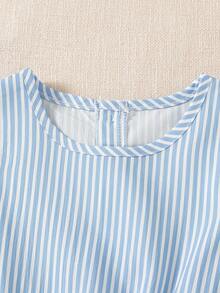 SHEIN Playful Pals 女童复古条纹优雅刺绣装饰圆领吊带背心和长裤套装，适合日常穿着、外出和度假，春夏款 - 淺藍色 - 查看 8