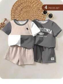 SHEIN 2pcs/Set Baju dan Celana Pendek Lengan Pendek Leher Bulat Minimalis Kasual untuk Bayi Laki-laki, Cocok untuk Musim Panas - MultiWarna - View 5