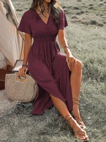EMERY ROSE Solid Color V-Neck Slit Dress Maxi Vacation Beach Outfits Women - Maroon - View 5