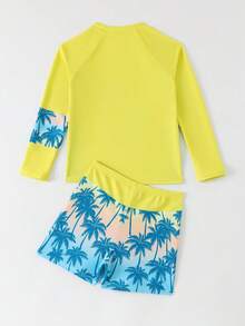 SHEIN Tween Boys 2-Piece Swimwear Set,Long Sleeve Rash Guard & Trunks,Palm Tree Print,Blue,Summer,Funny,Beach,Vacation,Holiday,Tropical Surfing Style,Knit - Yellow - View 2