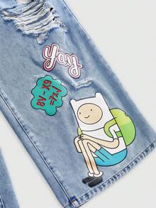 Adventure Time X ROMWE 大码涂鸦印花做旧水洗阔腿宽松牛仔裤 - 藍色 - 查看 3