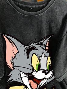 TOM & JERRY X SHEIN Áo thun nam tay ngắn in hình hoạt hình, kiểu dáng thường ngày, thích hợp cho mùa hè. - màu đen - Xem 3