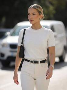 SHEIN Topuri tricotate casual pentru femei, culoare solidă, guler rotund, mânecă scurtă, topuri cu nervuri pentru femei, topuri de lucru pentru femei, topuri casual pentru femei, ținută clasică pentru femei, topuri tricotate pentru femei - alb - Vizualizare 7