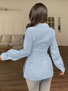 Modelyn Áo sơ mi nữ màu trơn, thiết kế buộc dây, cài một hàng khuy, kiểu dáng thường ngày đa năng. - Màu xanh lam - Xem 5