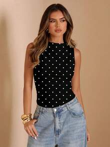 SHEIN BAE Bodysuit Wanita Musim Gugur Tanpa Lengan dengan Kerah Tegak dan Detail Kerut - Hitam - View 2