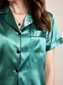 Hourtrue Contrast Piping Satin PJ Set / Pajama Set - Green - View 7
