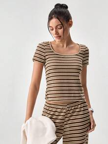 Loungeista Comfortable & Fashionable Striped Crew Neck Short Sleeve Loungewear Setfor Summer - Brown - View 10