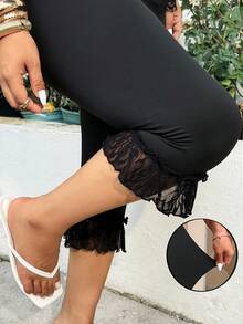 GalTyme Quần legging ren phối màu phong cách thường ngày mùa hè dành cho nữ cỡ lớn. - màu đen - Xem 1