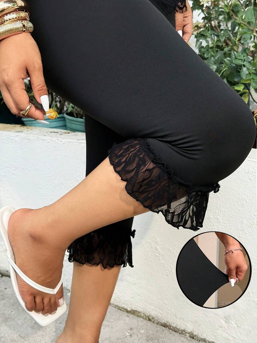 GalTyme Quần legging ren phối màu phong cách thường ngày mùa hè dành cho nữ cỡ lớn. - màu đen - Xem 1