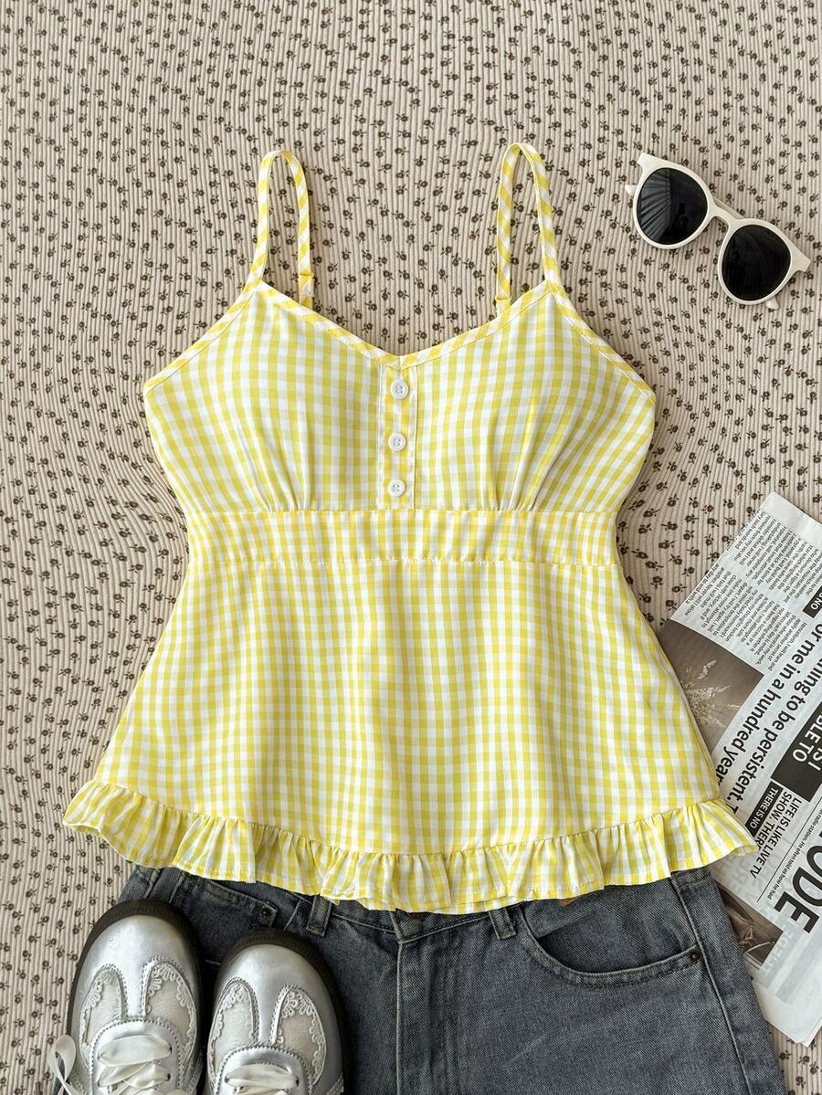 SHEIN Tween Girls' Fashionable Casual Plaid Ruffle Trim Camisole For Spring & Summer Vacation - Yellow - View 1