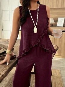 Weeklong Women's Plus Size Ruffle Trim Round Neck Sleeveless Loose Top And Straight Leg Pants 2 Piece Set, Suitable For Vacation And Daily Wear, Spring/Summer - Burgundy - View 6