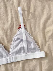 CottageSlumber Delicate Lightweight Plaid Lace Bra, French Style Cute Wireless Triangle Cup Comfortable Bra For Women Summer - Red and White - View 6