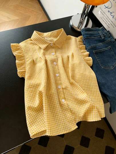 SHEIN Franclia Yellow & White Plaid Women's Sun Hat & Blouse Summer Outfit, Elegant Resort Wear, Chic Party Attire