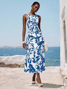 Aveloria Modichic 时尚优雅女士休闲宽松浪漫撞色印花圆领开衩下摆连衣裙，度假必备 - 彩色 - 查看 5