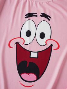 SpongeBob SquarePants | SHEIN 大尺碼女款卡通印花短袖上衣與短褲休閒居家睡衣套裝 - 粉色 - 查看 6
