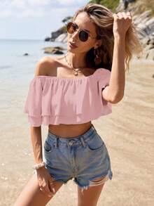 SHEIN VCAY Women's Summer Beach Vacation Style Minimalist Solid Color One-Shoulder Layered Ruffle Cropped Top,Summer Top - Dusty Pink - View 6