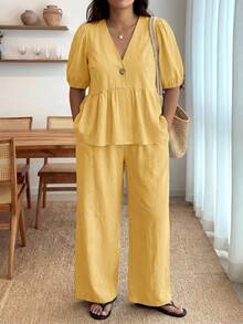 Enliva Plus-Size Women's Ruffled Puff Sleeve Two Pieces Set, V-Neck Cardigan Top And Stretch Waist Trousers Set - Yellow - View 5