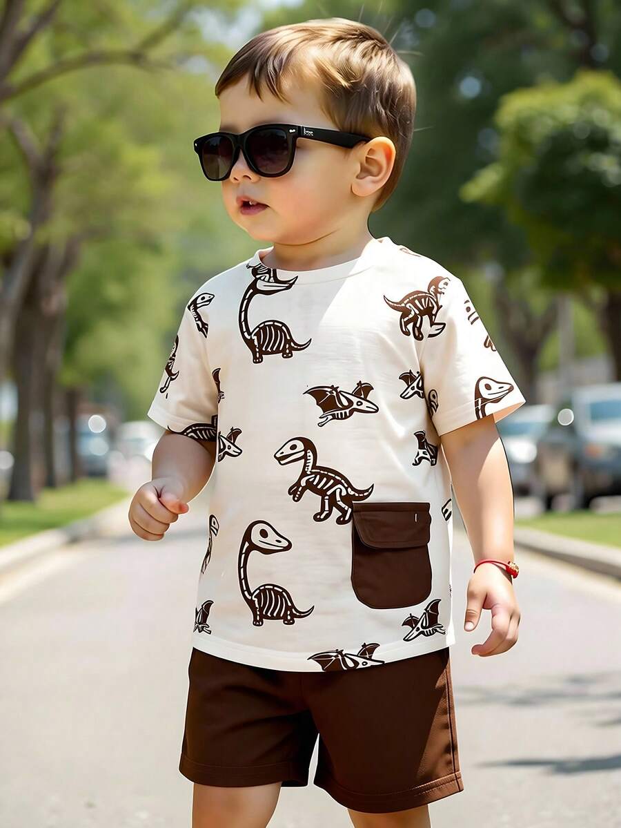 SHEIN 男童休闲纯色T恤+短裤两件套,适合日常穿着、上学、旅行、夏季户外活动 - 彩色 - 查看 1